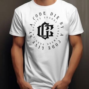 May include: White t-shirt with a black circular design. The design includes the words "CODE DIE BY STREETWEAR" and "LIVE PREMIUM QUALITY" around a stylized "CF" monogram. The shirt is short-sleeved.