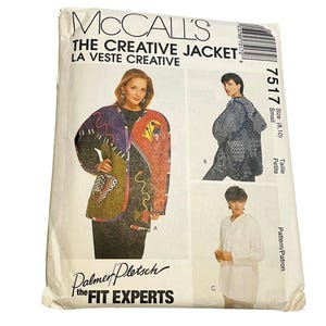 May include: McCall's sewing pattern 7517 for The Creative Jacket, featuring illustrations of three jacket styles. The front shows a multi-colored patchwork jacket, a blue patterned jacket, and a solid white jacket. Includes Palmer/Pletsch branding.
