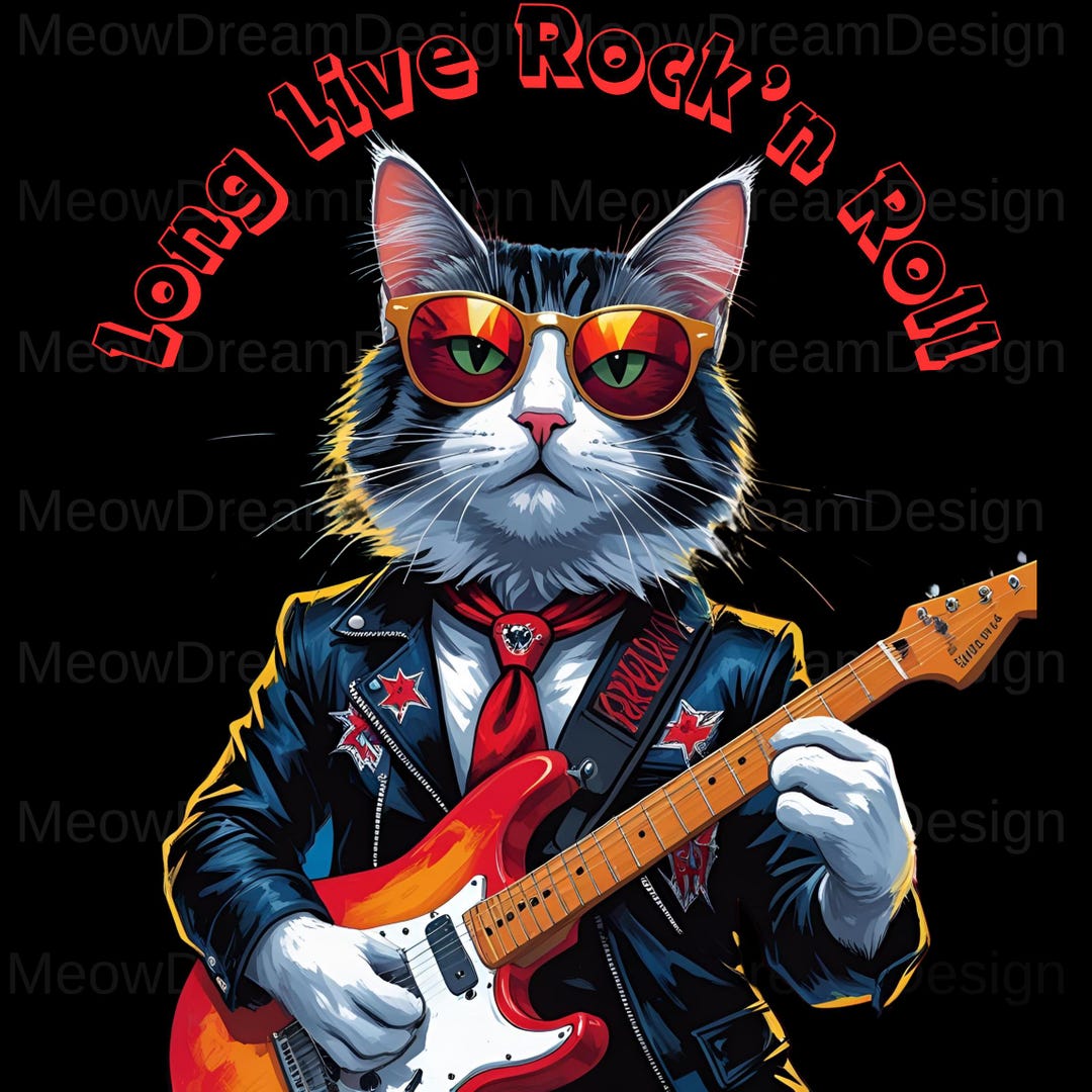Rock'n Roll Cat Poster, Cool Guitar Playing Cat in Leather Jacket ...