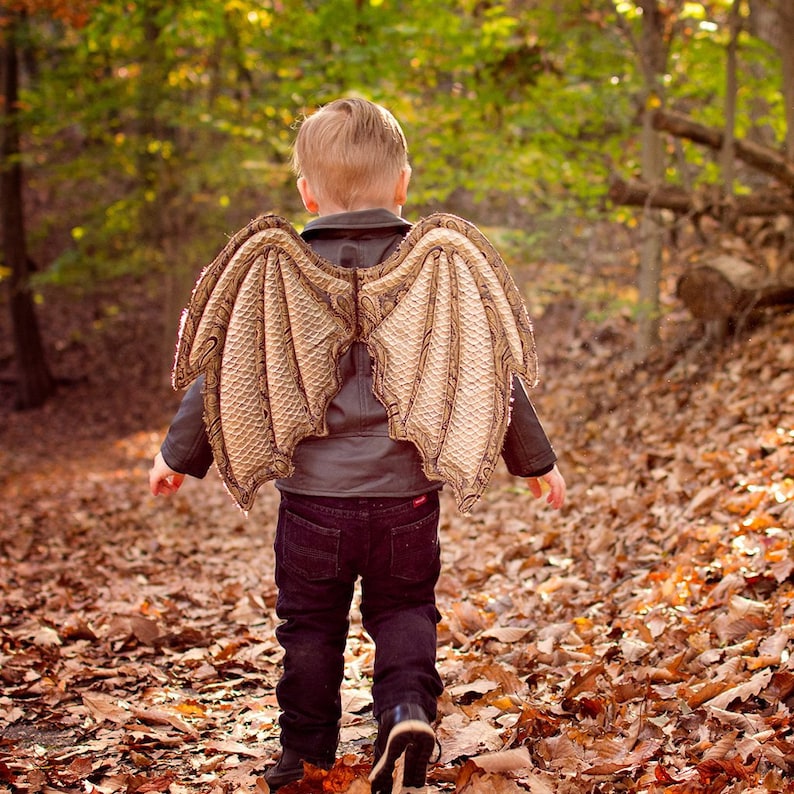 Peut inclure: Un jeune enfant portant une veste en cuir marron et un jean bleu marche dans une for&ecirc;t avec de grandes ailes de dragon brunes attach&eacute;es &agrave; son dos.