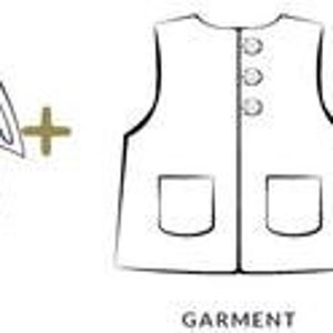 Peut inclure: Un dessin au trait noir et blanc d'un v&ecirc;tement avec des ailes attach&eacute;es. Le v&ecirc;tement est un gilet avec deux poches et des boutons. Les ailes sont en forme d'ailes de chauve-souris. Le texte "Snaps", "Wings", "Garment" et un signe plus et &eacute;gal sont &eacute;galement inclus dans l'image.