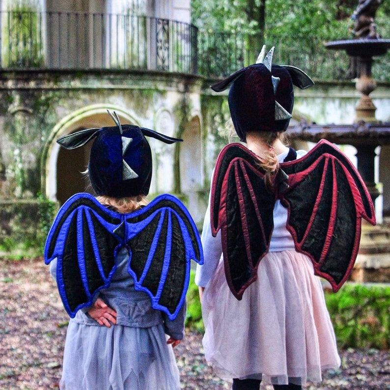 Peut inclure: Deux enfants portant des ailes de dragon noires et bleues et des chapeaux assortis. Les ailes sont en tissu et ont un aspect textur&eacute;. Les chapeaux sont en forme de t&ecirc;te de dragon et ont des accents argent&eacute;s.