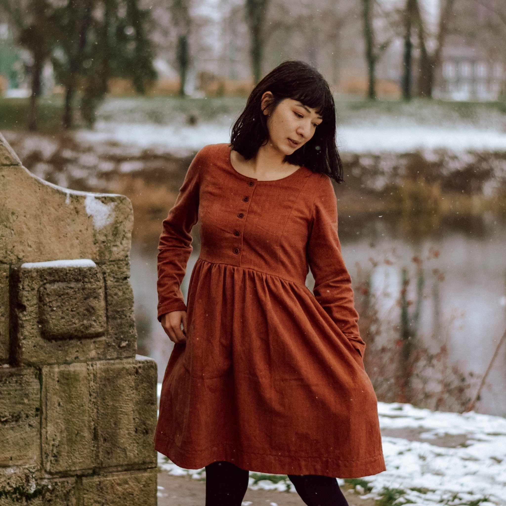 Tunic dress linen natural white for autumn and winter