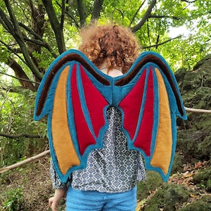 Peut inclure: Une paire d'ailes de dragon en tissu. Les ailes sont bleues, rouges, jaunes et brunes. Elles sont attach&eacute;es au dos d'une personne.