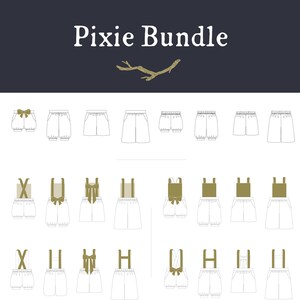 May include: A set of 18 digital sewing patterns for making children's clothing. The patterns include a variety of styles, such as bloomers, overalls, and rompers. The patterns are designed for a pixie theme, with cute details like bows and straps.