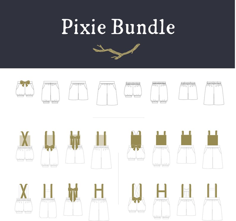 May include: A set of 18 digital sewing patterns for making children's clothing. The patterns include a variety of styles, such as bloomers, overalls, and rompers. The patterns are designed for a pixie theme, with cute details like bows and straps.