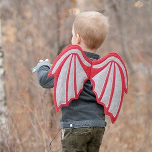 May include: A child wearing a gray and red dragon costume with wings. The wings are made of fabric and have a textured surface.