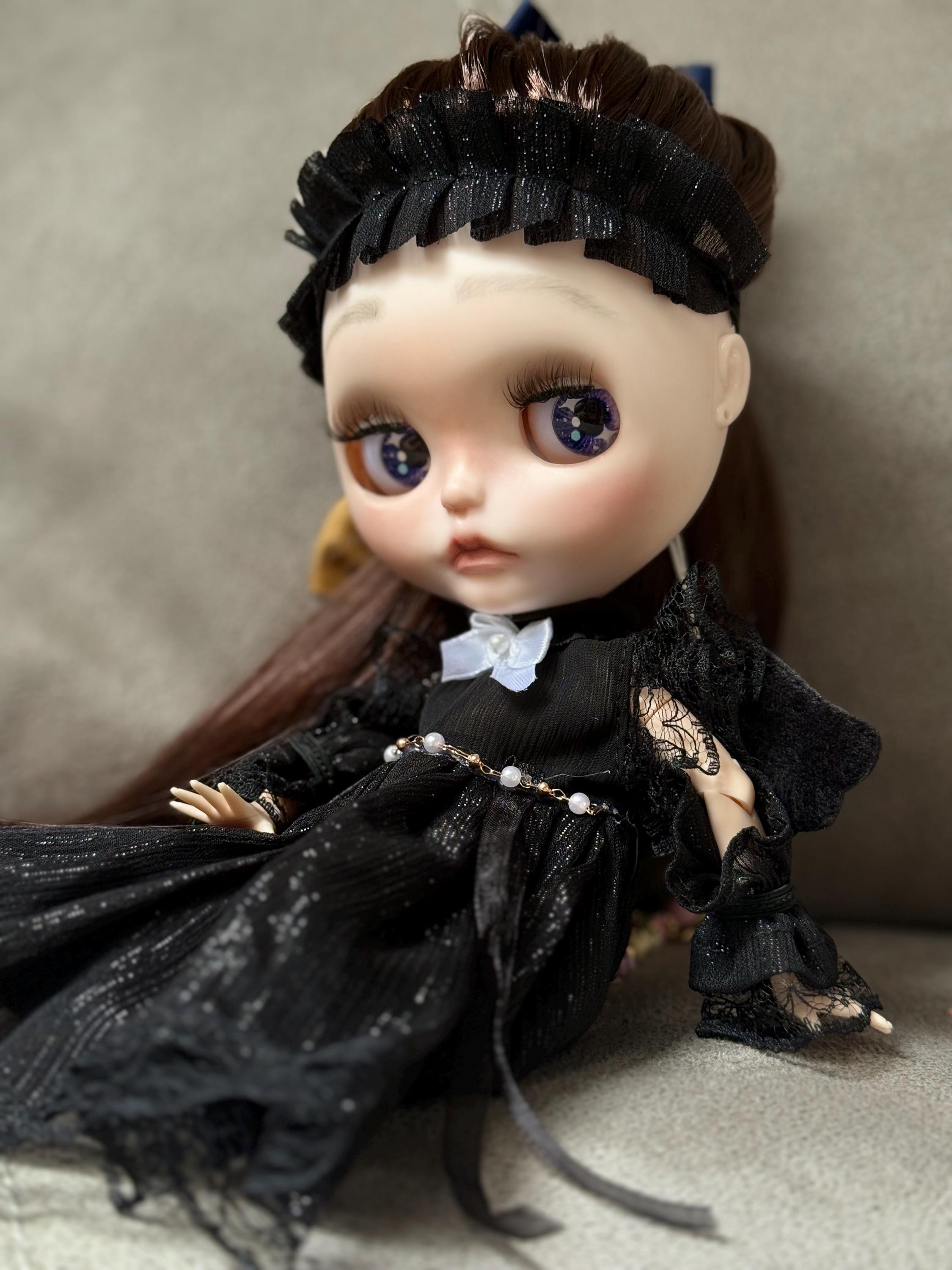 black blythe dress OOAK Doll: angel, Wipeable make up, brunette, fair skin, sleepy eyes Maxi dress