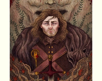 May include: A digital painting of a man with long brown hair and a beard, wearing a dark brown fur-lined cloak and a red and gold cross on his chest. He is holding a sword in his right hand. Behind him is a large, pale face with red eyes and blood dripping from them. The background is a dark forest with red and brown roots.