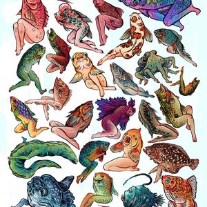 May include: A colorful illustration of various fish with human-like legs and bodies. The fish are depicted in different poses and colors, with some having scales, fins, and tails.