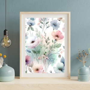 May include: A watercolor painting of a floral pattern with pink, blue, and white flowers on a white background.