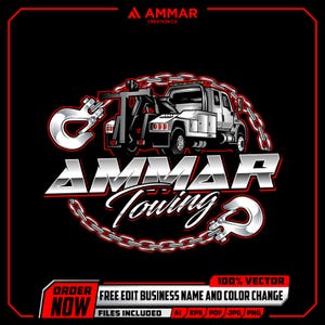 Op de afbeelding: Ammar Towing logo op een zwarte achtergrond. Het ontwerp toont een witte sleepwagen met een ketting en haak, en de tekst "AMMAR Towing" in een gestileerd lettertype. De woorden "Order Now" staan in een rood kader.