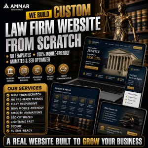 Pode incluir: Imagem promocional para um serviço de design de sites de escritórios de advocacia. A imagem apresenta um laptop, tablet e smartphone exibindo maquetes de sites. O texto inclui "Law Firm Website From Scratch" e "100% Mobile-Friendly."