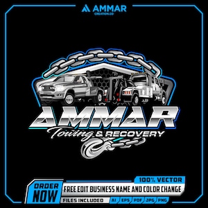 Puede incluir: Diseño del logotipo de Ammar Towing & Recovery. El diseño presenta dos grúas y un gráfico de cadena. El texto incluye "AMMAR Towing & Recovery" y "Order Now". El diseño es en plata, blanco y azul sobre fondo negro.