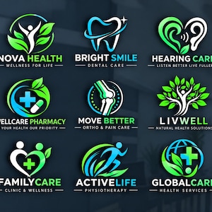 Puede incluir: Una colección de nueve logotipos médicos y de bienestar con degradados verdes y azules. Los logotipos incluyen iconos de una persona, diente, oído, cruz, píldora, articulación de rodilla, árbol y globo, con etiquetas como Nova Health y Global Care.