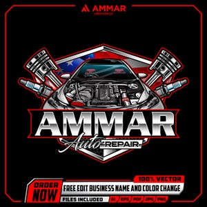 May include: Ammar Auto Repair logo with a car, pistons, and spark plugs. The design features the text "AMMAR Auto Repair" in a bold, stylized font, with the car's engine prominently displayed. The background is black with red accents.
