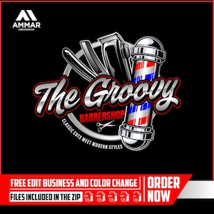 Peut inclure: Logo de salon de coiffure noir et argenté avec le texte "The Groovy Barbershop". Le logo comprend un poteau de barbier, des tondeuses et un rasoir droit. Le texte "Classic Cuts Meet Modern Styles" est également inclus.