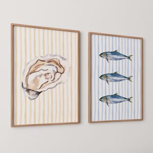Coastal Kitchen Prints: Oyster & Sardine Watercolor Art (Digital Download