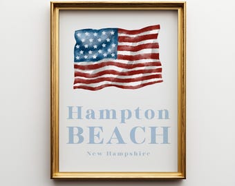 Impression aquarelle drapeau américain de Hampton Beach : art mural patriotique côtier (téléchargement numérique