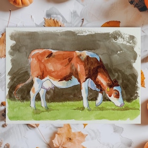 Watercolor Card of Cute Cow Grazing