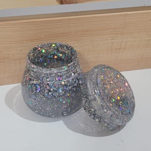Handmade Resin Jar With Screw-On Lid Silver Glitter