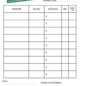 May include: A white printable bill tracker with a green and white banner that says "YOU GOT THIS!". The tracker has columns for monthly bills, due dates, amounts due, payments, and a paid-in-full section. There are also sections for notes and savings goals.