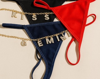 Cadena de tanga personalizada con nombre, cadena de vientre con nombre personalizado, tanga personalizado con letra, lencería con nombre de cristal, regalo de San Valentín para ella.