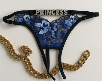 Custom Rhinestone Name Thong, Personalized Embroidered Butterfly Lace Lingerie, Adjustable G-String for Her, Sexy Custom Panty, Gift for Him