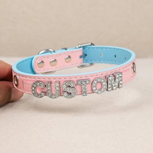 May include: A pink and blue pet collar with the word "CUSTOM" spelled out in silver, rhinestone-studded letters. The collar has silver hardware and is made of leather-like material.