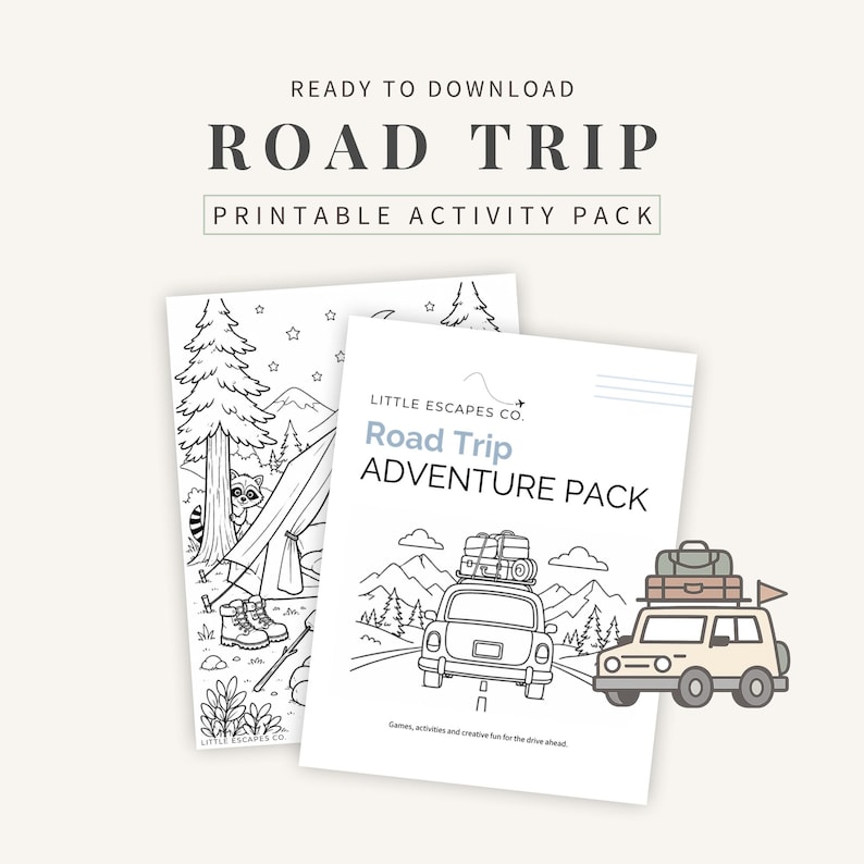 K&ouml;nnte beinhalten: Zwei druckbare Aktivit&auml;tspakete f&uuml;r einen Roadtrip. Das Cover des ersten Pakets lautet "Road Trip Adventure Pack" mit Illustrationen von Autos, Bergen und Gep&auml;ck. Das zweite Paket enth&auml;lt eine Malvorlage mit einem Zelt, B&auml;umen und einem Waschb&auml;ren.