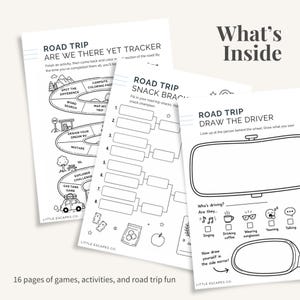K&ouml;nnte beinhalten: Eine Reihe wei&szlig;er Aktivit&auml;tsseiten mit schwarzen Strichzeichnungen und Text zum Thema Roadtrip. Die Seiten enthalten Spiele, eine Snack-Halterung und eine Fahrer-Zeichenaktivit&auml;t. Der Text lautet "Road Trip" und "What's Inside."