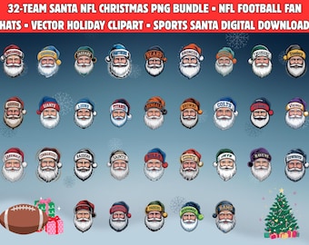 Puede incluir: Una descarga digital con 32 ilustraciones de Papá Noel, cada uno con un sombrero que representa a un equipo de fútbol americano de la NFL. La imagen incluye un balón de fútbol, regalos envueltos y un árbol de Navidad. El texto en la parte superior dice "32-TEAM SANTA NFL CHRISTMAS PNG BUNDLE".