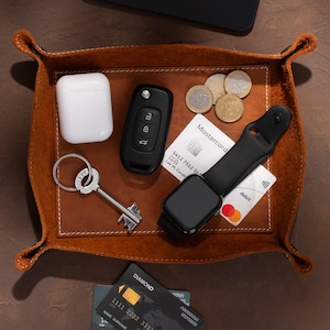Personalized Leather Desk Organizer Tray: Handcrafted Valet Tray, Catch-All Storage