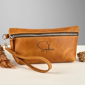 Personalized Leather Lay Flat Makeup Bag: Travel Cosmetic Pouch