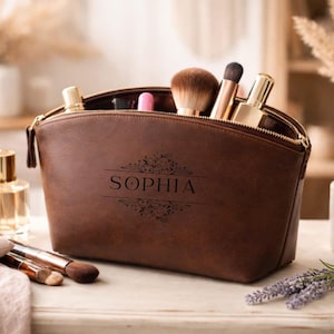Personalized Leather Makeup Bag – Travel Cosmetic Pouch, Lay Flat Organizer