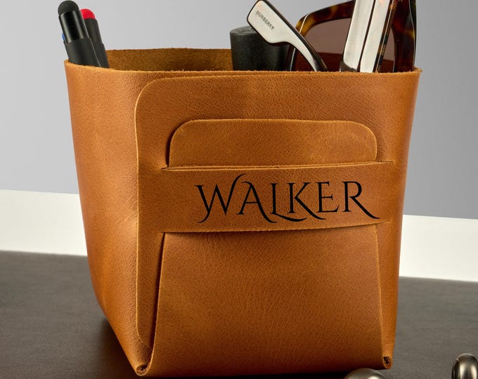 Handmade Leather Desk Organizer Basket: Customizable Office Storage