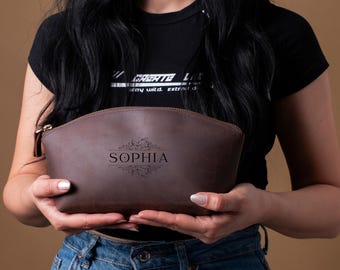 Personalized Leather Makeup Bag – Custom Cosmetic Pouch, Travel Toiletry Case for Her