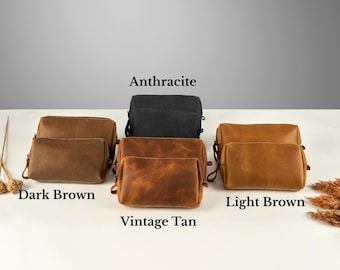 Personalized Leather Makeup Bag – Travel Cosmetic Pouch, Lay Flat Organizer, Small Toiletry Case