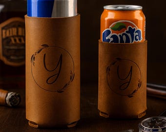 Personalized Leather Can Cooler – Custom Beer Holder for Groomsmen or Bachelor Gifts
