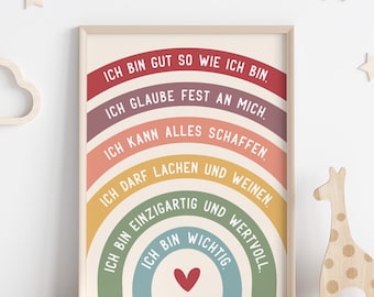 Kids Affirmation Poster Print | Rainbow Wall Art | Self-Love, Mindfulness & Courage | Kids Room Decor | Gift for School Kids