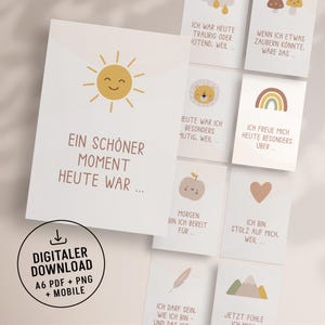 May include: A collection of digital download cards with various illustrations and text. The cards feature a smiling sun, a lion, a rainbow, an apple, a heart, a feather, and mountains. The text includes phrases like "A beautiful moment today was..." and "Digital Download".