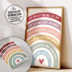 Kinderposter met affirmaties downloaden | Regenboogmuurkunst | Zelfliefde, mindfulness en moed | Kinderkamerdecoratie | Cadeau voor schoolkinderen