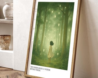 Anime Poster Mystic Forest – Boho Illustration in Ghibli-Inspired Style – Spiritual Fan Art Quote – Decor & Gift