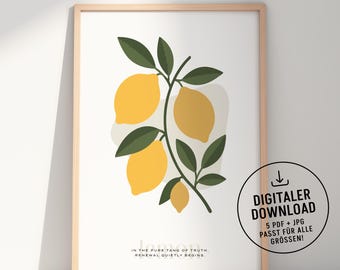Soulful Blooms Poster “Lemon” – fresh boho plant image with a quote about renewal & truth, botanical lemon images available for download