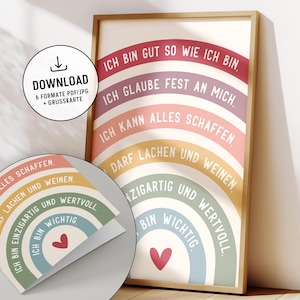 Op de afbeelding: Een ingelijste wandkunstprint met een regenboog van zes gekleurde banden, elk met Duitse affirmaties. De tekst bevat zinnen zoals ICH BIN GUT SO WIE ICH BIN en ICH BIN WICHTIG, met een klein rood hartje aan de onderkant in het midden.