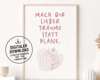Dreams Not Plans Poster – Spiritual Minimalist Typography Wall Art with Moon & Flowers | Inspirational Gift | Self-Care | printable download
