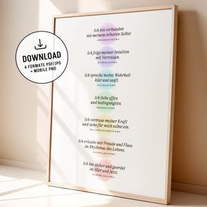Può includere: Un poster verticale incorniciato con sette cerchi sovrapposti dai colori tenui in viola, blu, azzurro, verde, giallo, arancione e rosso. Ogni cerchio contiene testo in tedesco e il nome di un chakra. Un badge circolare riporta DOWNLOAD 6 FORMATE PDF/JPG + MOBILE PNG.
