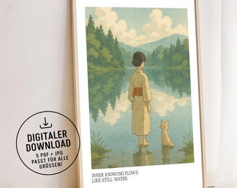 Anime Poster Mystic Lake – Boho Illustration in Ghibli-Inspired Style – Spiritual Fan Art Quote – Decor & Gift – Download