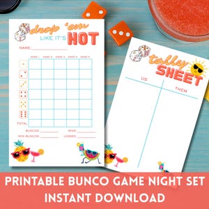 May include: Printable Bunco game night set with two sheets, dice, and a drink. One sheet says "drop 'em like it's HOT" and the other says "tally SHEET". The set includes a total sheet, a game sheet, and fun illustrations of a pineapple and watermelon.