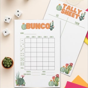 May include: A printable scorecard for the game Bunco, featuring a cactus design. The scorecard includes spaces for recording scores for each round, as well as a tally sheet for keeping track of wins and losses.